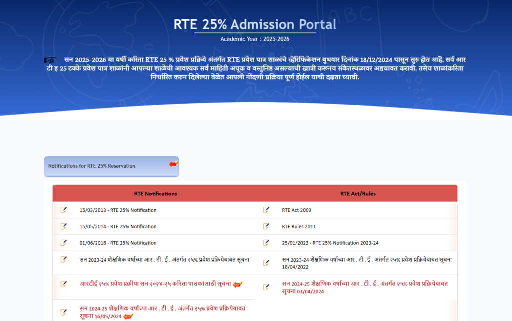 Maharashtra RTE Admission 2025-26 Notification