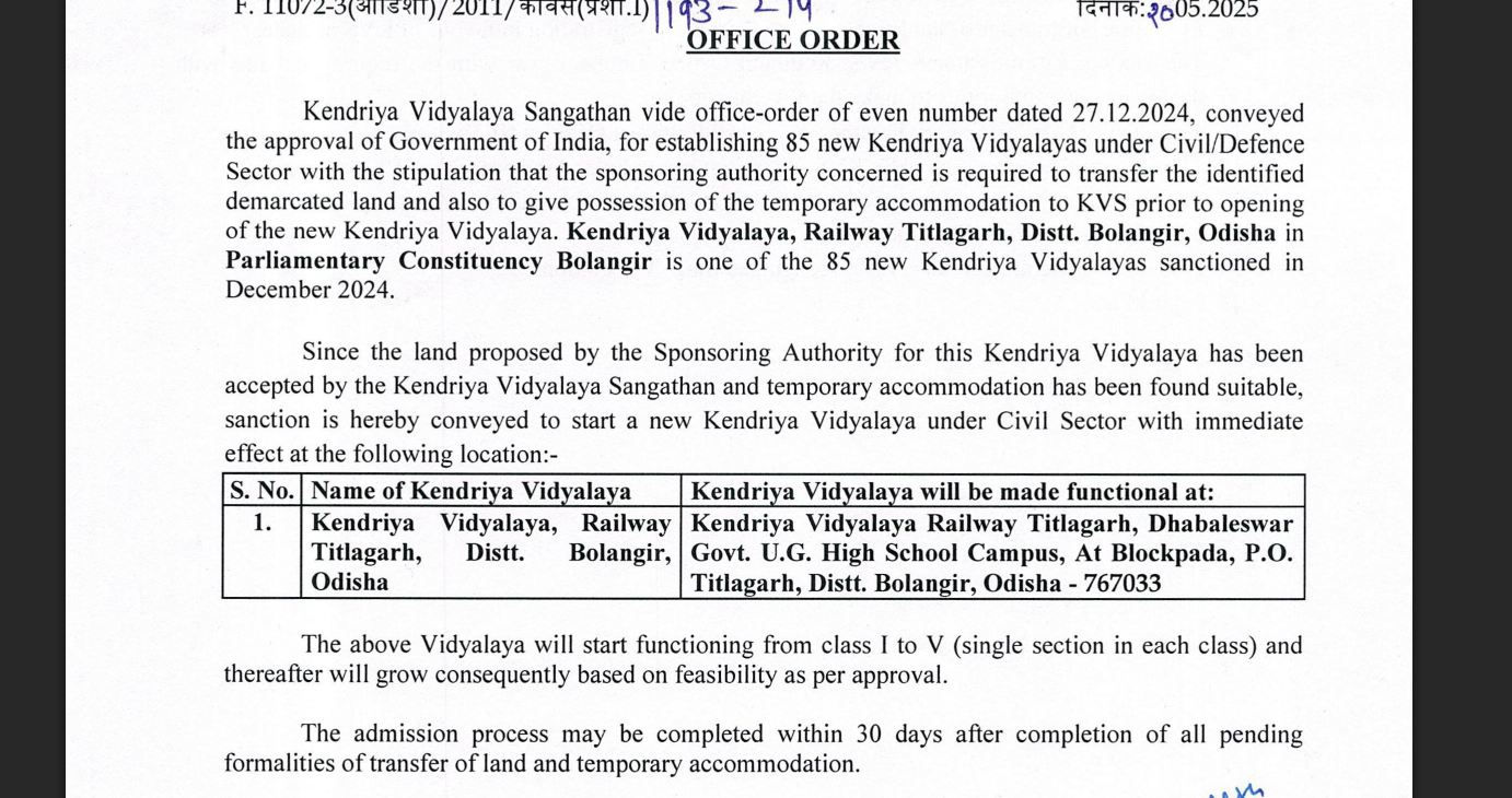 Kendriya Vidyalaya Railway Titlagarh Admission 2025-26