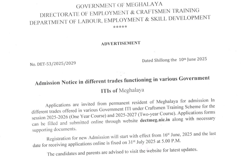 Meghalaya ITI admission notification Pdf 2025-26