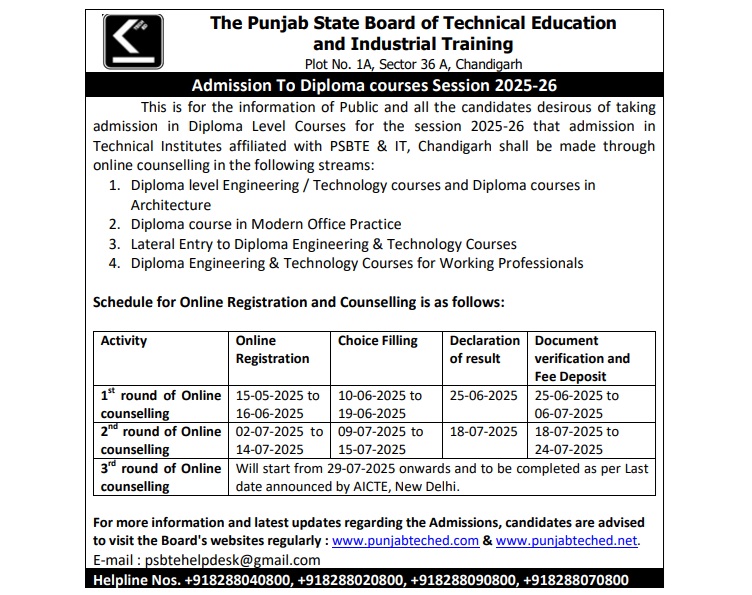 Punjab Polytechnic Admission 2025 Important Dates