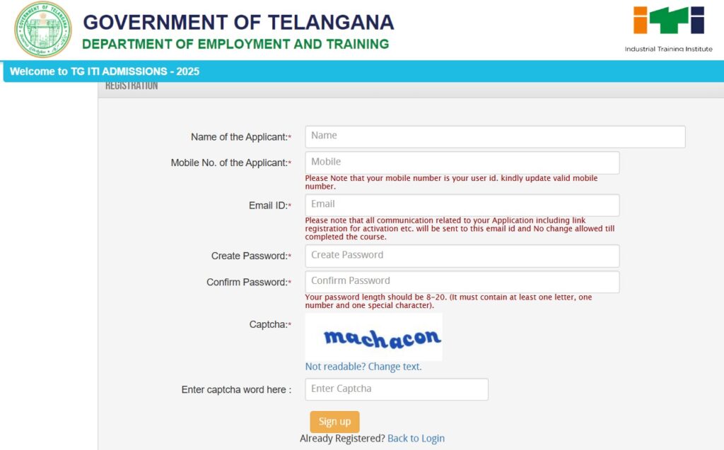 Telangana ITI Admission Application Form 2025-26